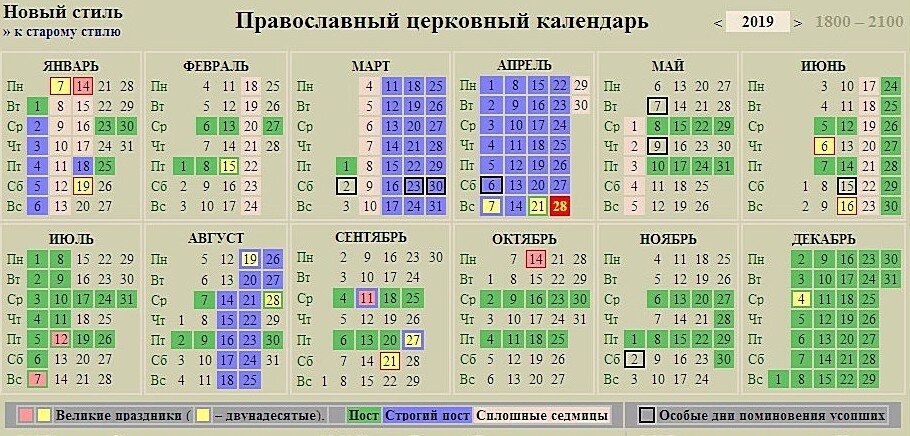Церковный календарь на 2019 год