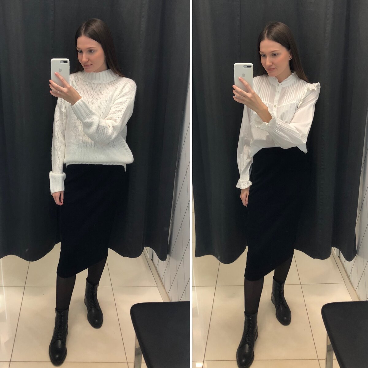 Юбка: 1 199 руб., свитер (на фото слева): 1 699 руб., блуза (на фото справа): 1 499 руб.