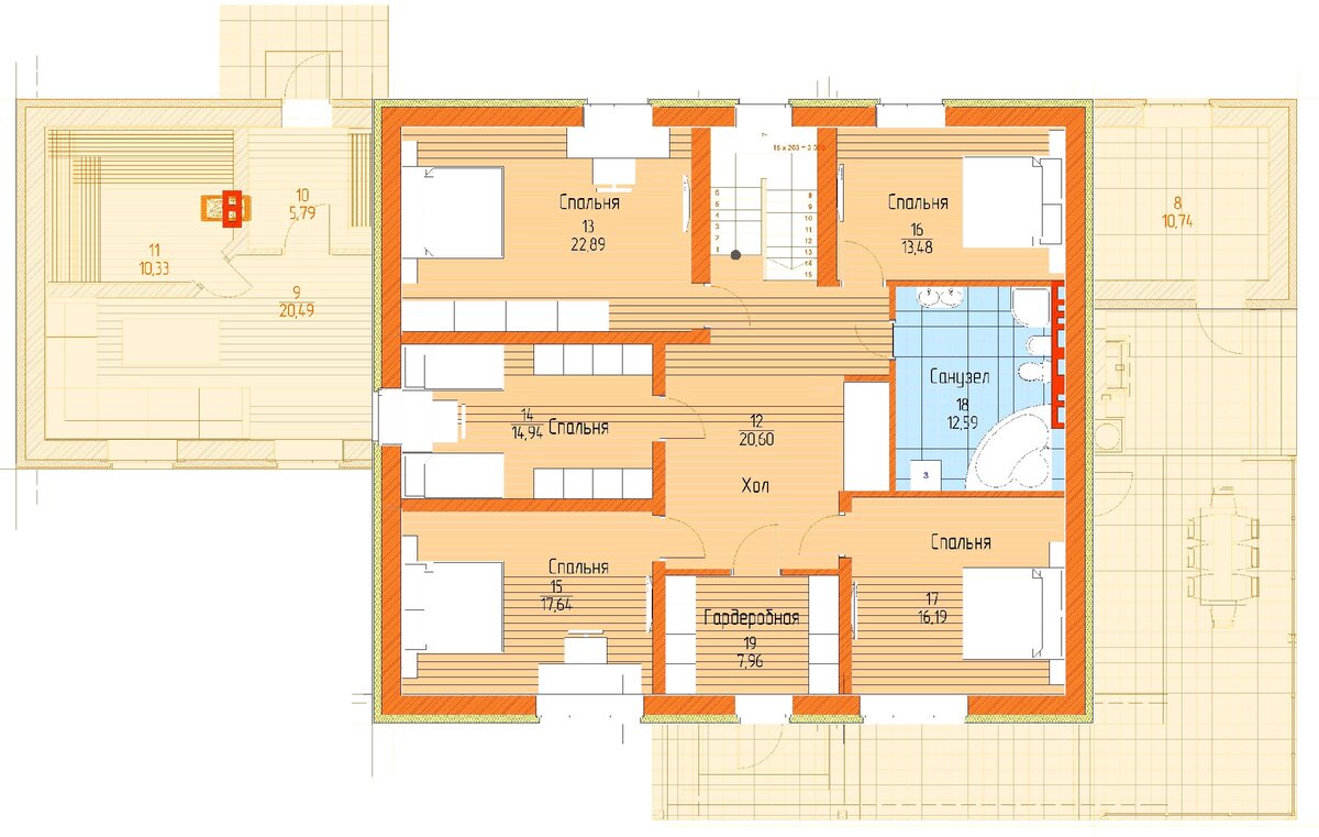 Проект двухэтажного дома 14х14 м.: 5 спален, пристроеная баня и огромная терраса