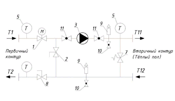 Схема смесительного узла Валтек (взято с сайта https://valtec.ru/)