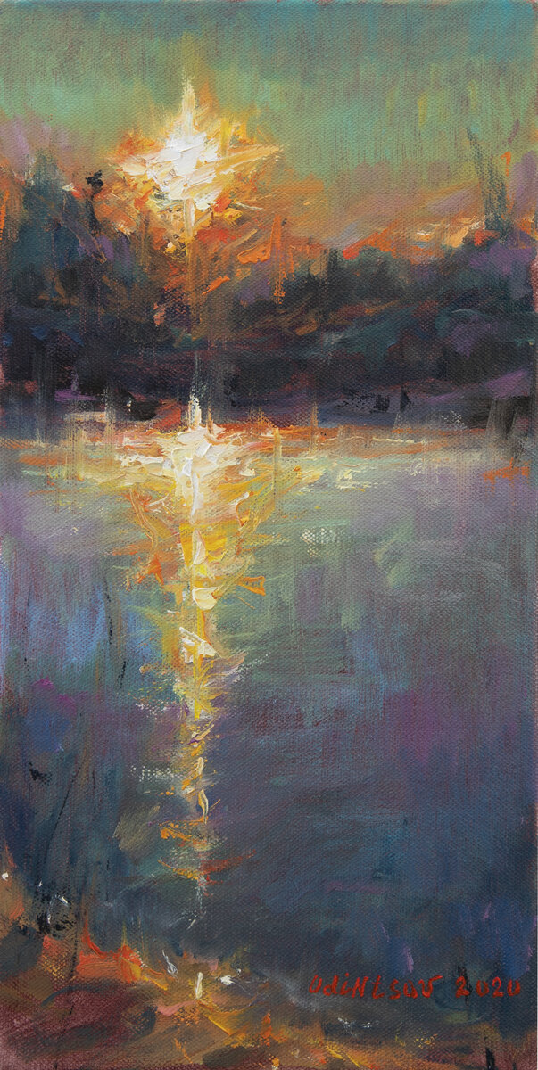 Закат на озере, холст, масло, 2020 г., фото автора