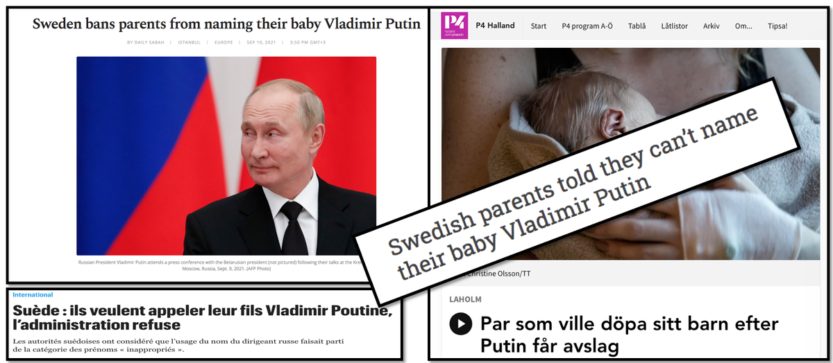 Скриншот заголовков шведских и французских газет - "Шведские родители заявили, что не могут назвать своего ребенка Владимиром Путиным".