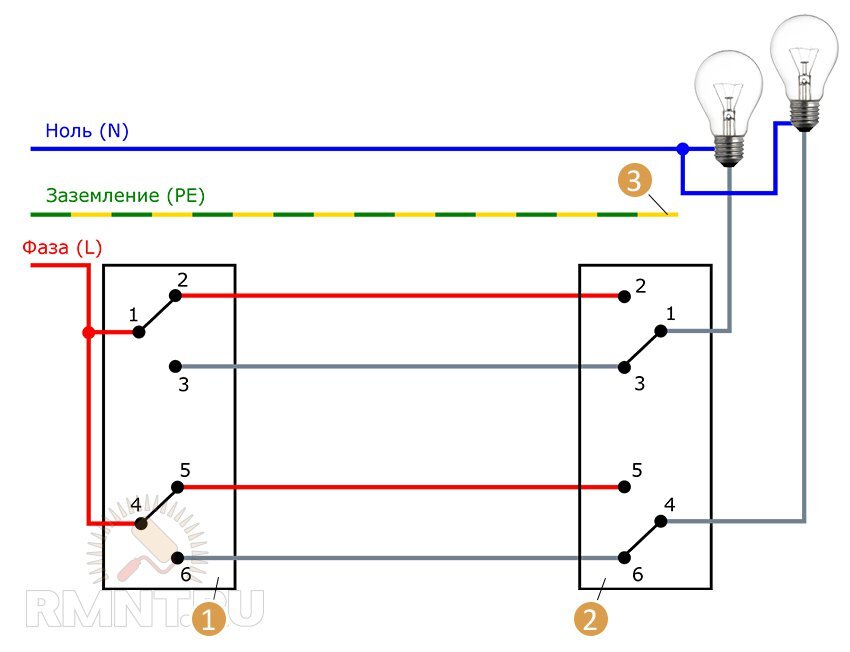 Схема подключения проходных выключателей из 2 х мест на 2 лампочки
