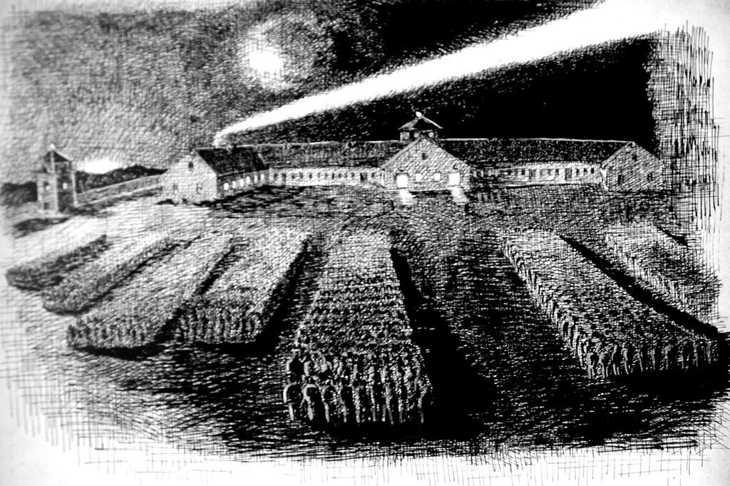 Вечерняя перекличка в концлагере Дахау. Рисунок узника. Из экспозиции мемориального комплекса Дахау