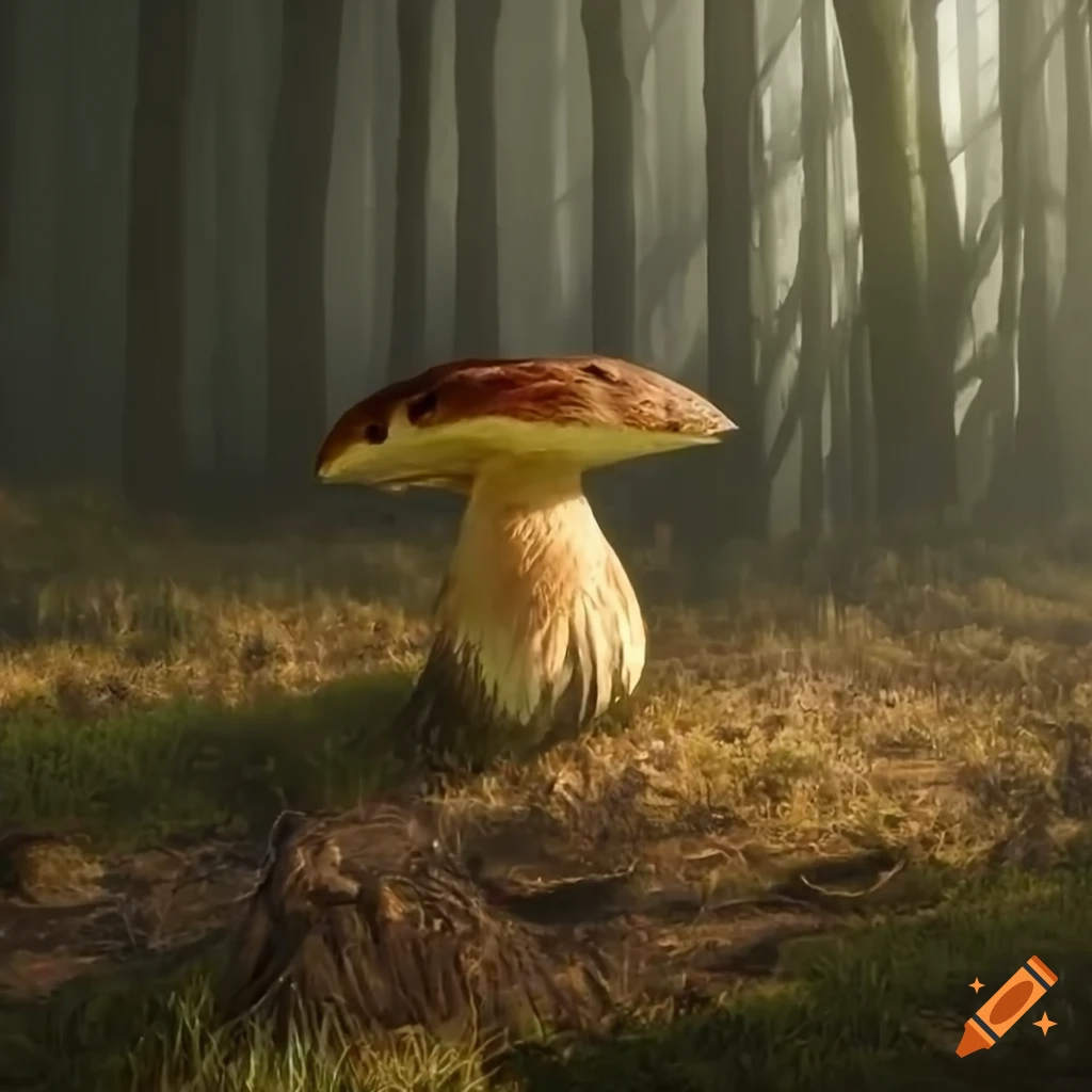 A lonely cepe in a misty forest illuminated by scattered sunlight piercing sunrays realistic