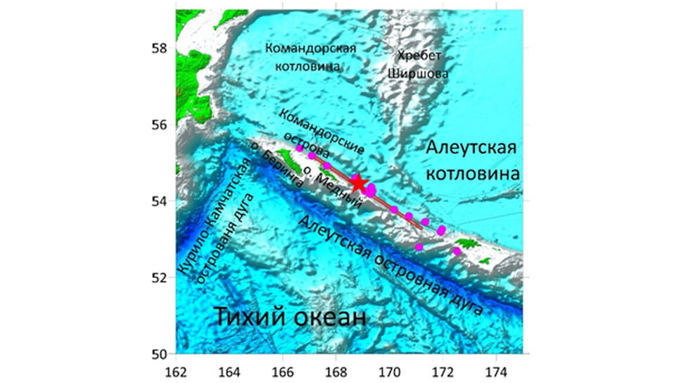 Область Ближне-Алеутского землетрясения. Красный прямоугольник — модель поверхности разрыва О1. Красная звезда — эпицентр главного события, пурпурный цвет — афтершоки с магнитудой более 5