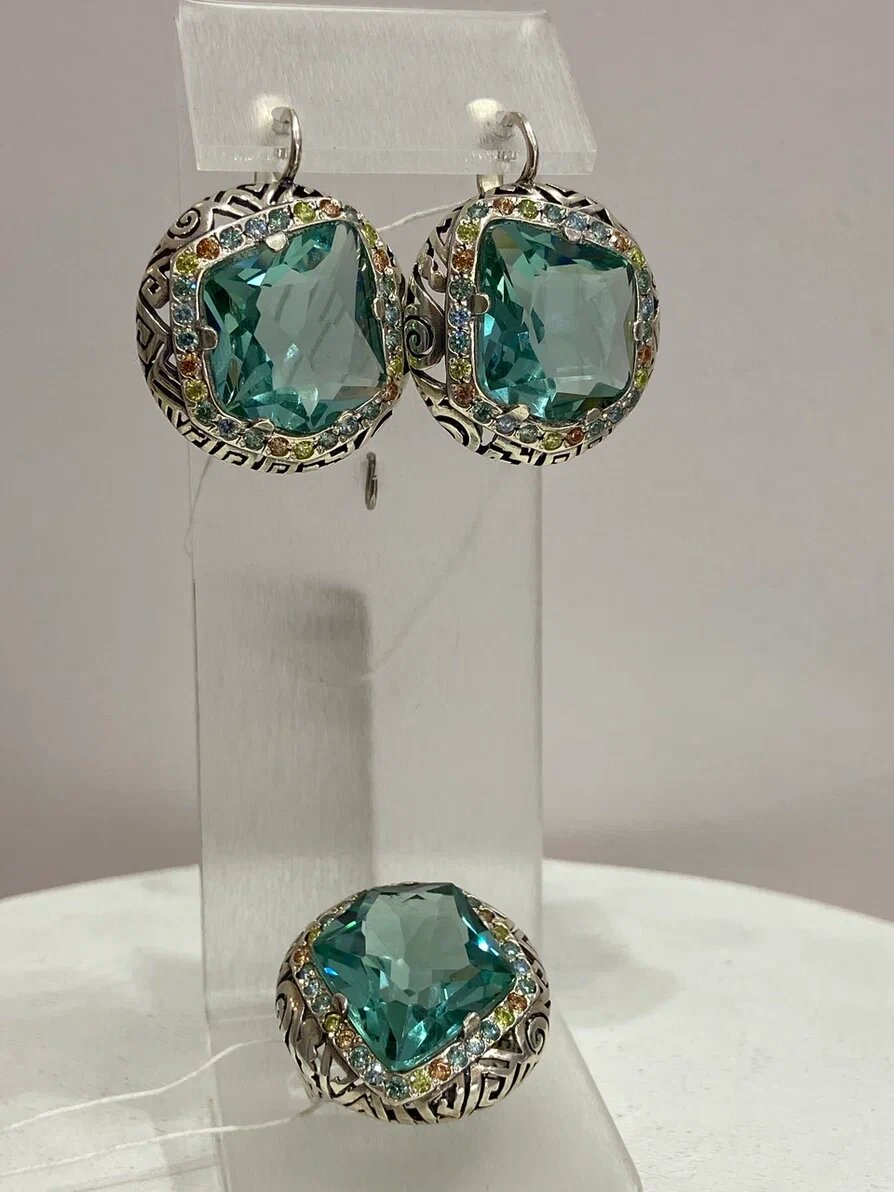 фото украшения для выпускного вечера комплекта 925 серебро, вставки "Аквамарин"