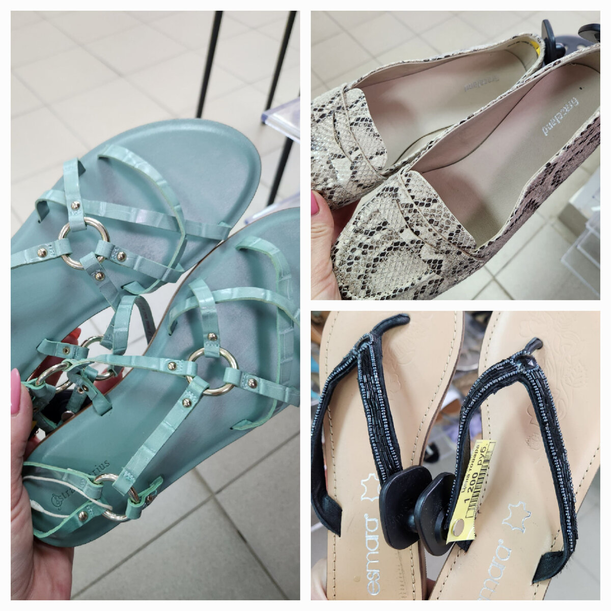Все новые, кожзам. Бирюзовые снова страдивариус ,цена 1100. Змеиный принт от Graceland 1400. Сланцы от эсмара, у этих хоть стелька кожаная🙈 На одно лето, думаю хватит .