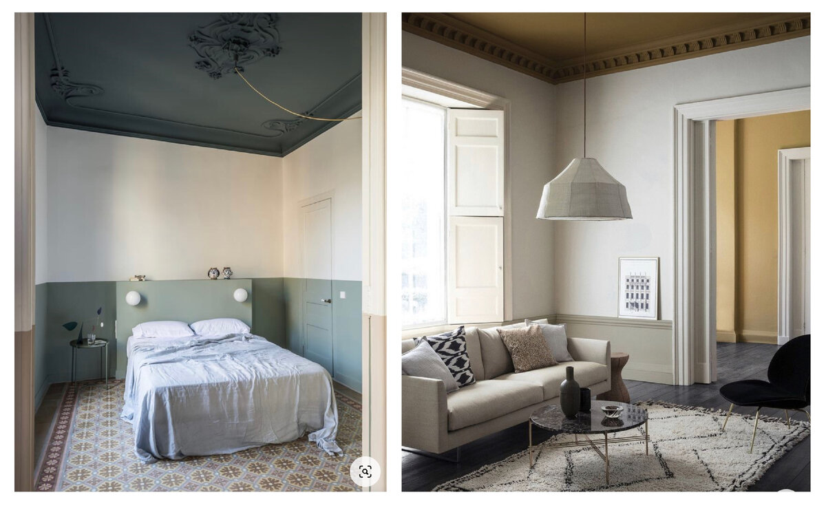 Пример использования приема с контрастным потолком с заходом на стены. Примеры взяты из Pinterest.