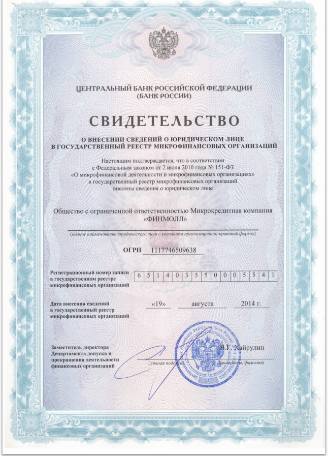 Свидетельство Финмолл
