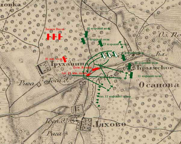 Бой полка Жозефа и батальона 33-го линейного на Смоленской дороге. 
Spanish Regiment Joseph-Napoléon along with the battalion of the 33rd Line moves toward the Smolensk road.