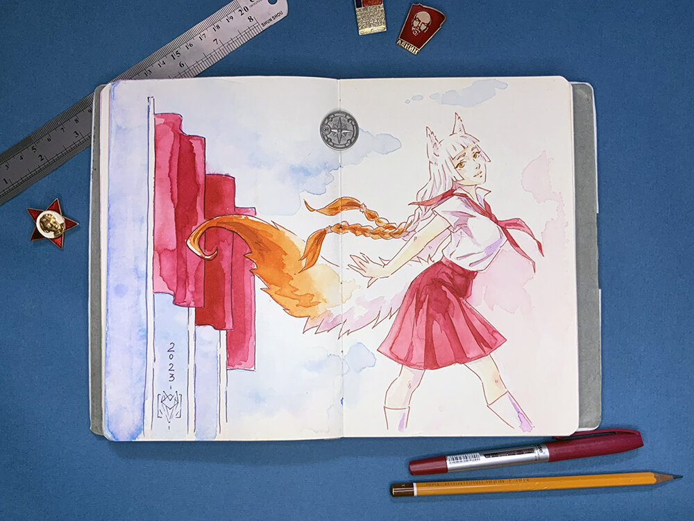 формат примерно А4, китайская тушь WUYOUXUETANG, линер