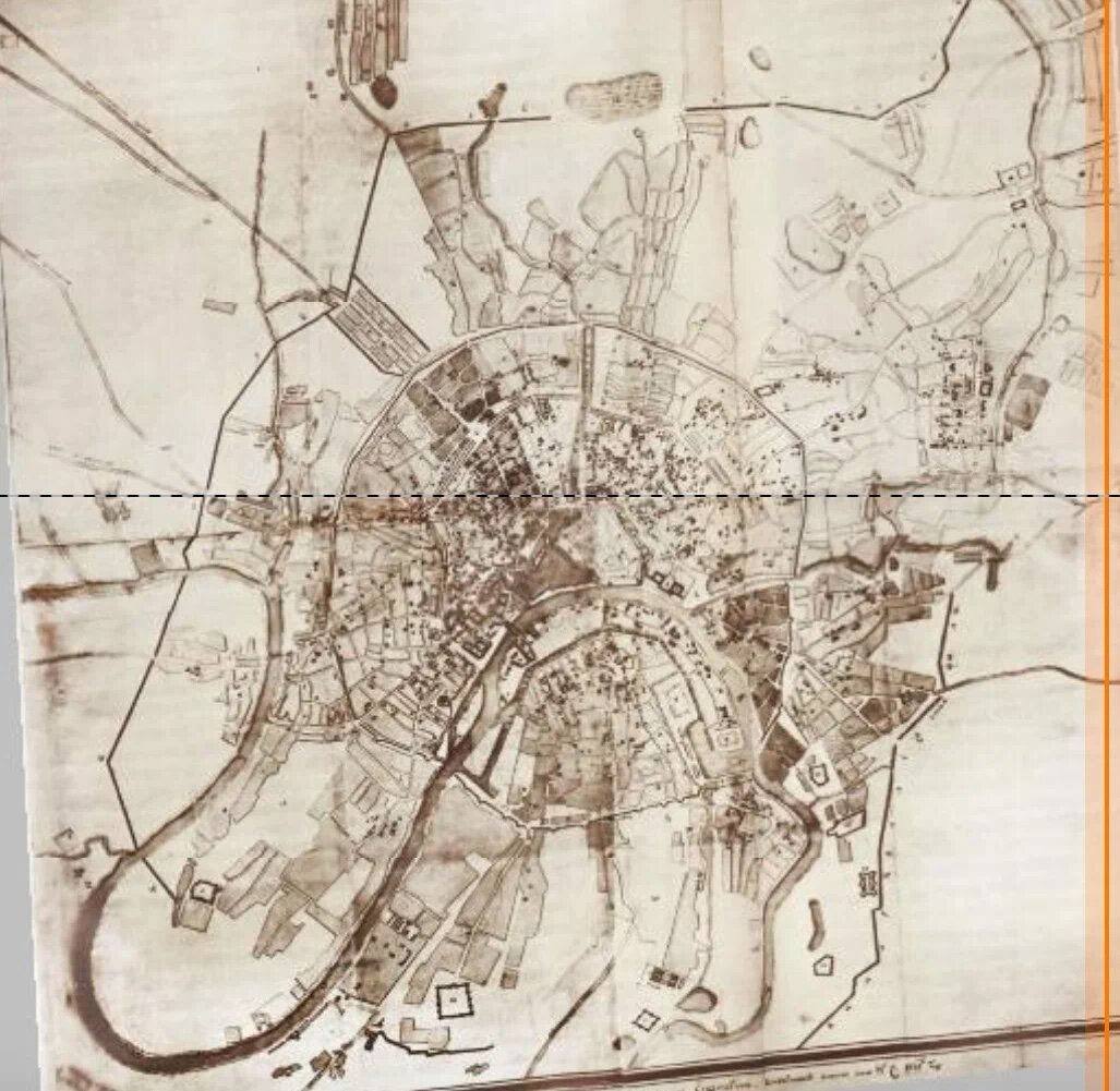 Линия Камер-Коллежского вала на карте Москвы 1755 года. С сайта www.retromap.ru.