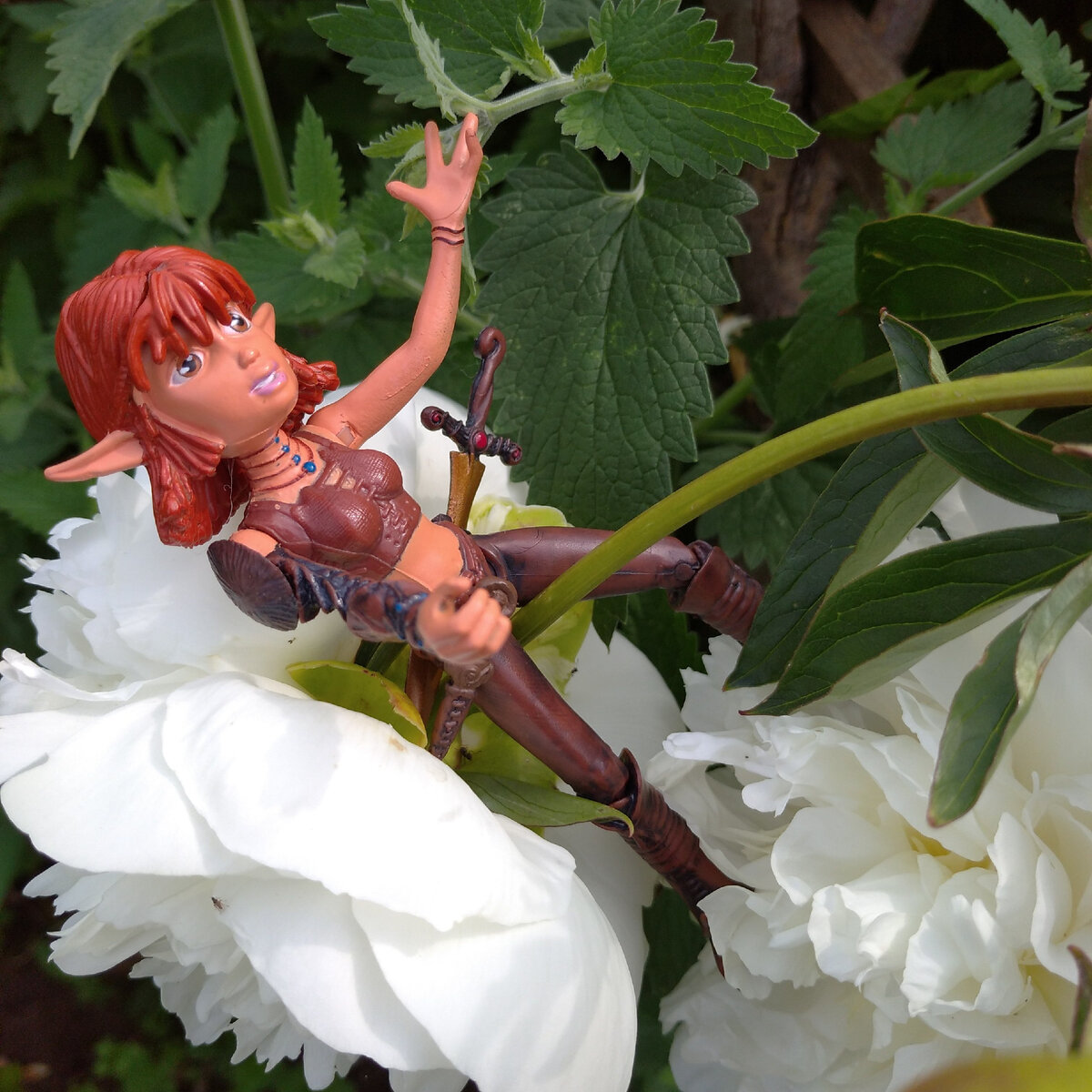 Эльфийка на крупном цветке белого пиона