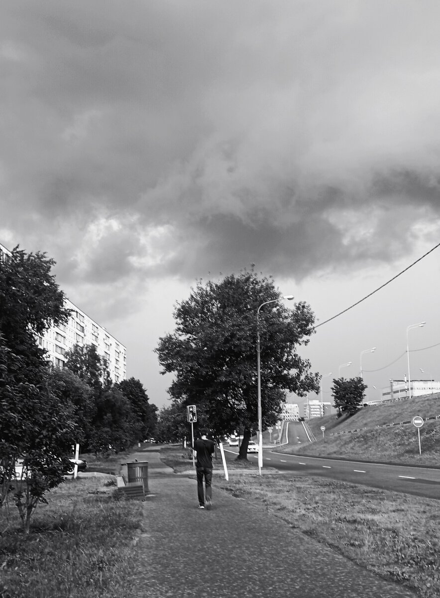 То состояние природы, когда ещё один неуловимый момент, и грянет гром, и разверзнутся хляби небесные. Фото чёрно-белое потому, что цвет убавляет трагизма ситуации и нивелирует тревожность. Судите сами: