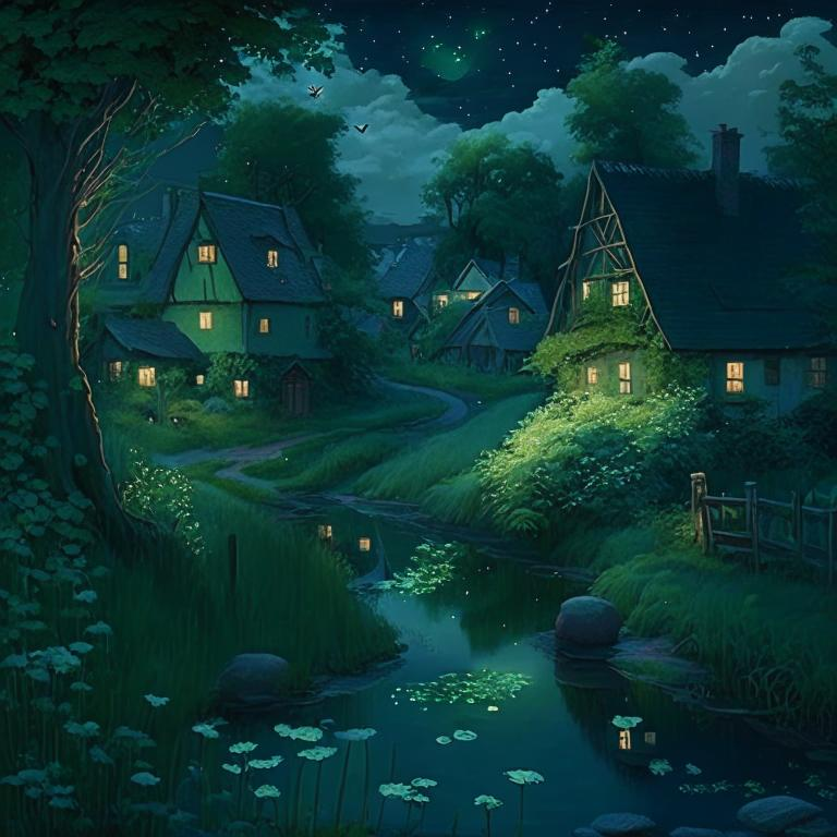 Результат генерации нейросети по запросу "Деревня у бабушки, где проходило детство. Зеленые сады и тихая речка, ночное звездное небо, и запах летних трав"