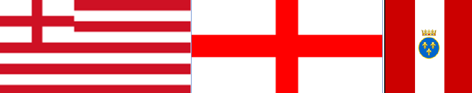 Слева - начальный флаг Английской Ост-индской компании. В середине - флаг Генуэзской республики. Справа - флаг таких же цветов Французской Ост-индской компании, основанной американским Римом. Флаг Англии почти повторяет флаг Генуэзской республики, но во время образования компании уже было Королевство не одной Англии, а Англии и Ирландии, а потому ложь оформления знамени Английской Ост-индской компании на основе стяга Англии налицо. Скорее всего, наоборот, английский флаг копировал флаг Генуэзский.
