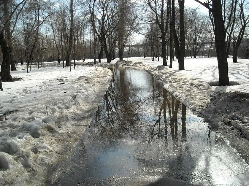 Таяние снега в городе. Весенние ручьи в городе. Весенние ручейки в городе.