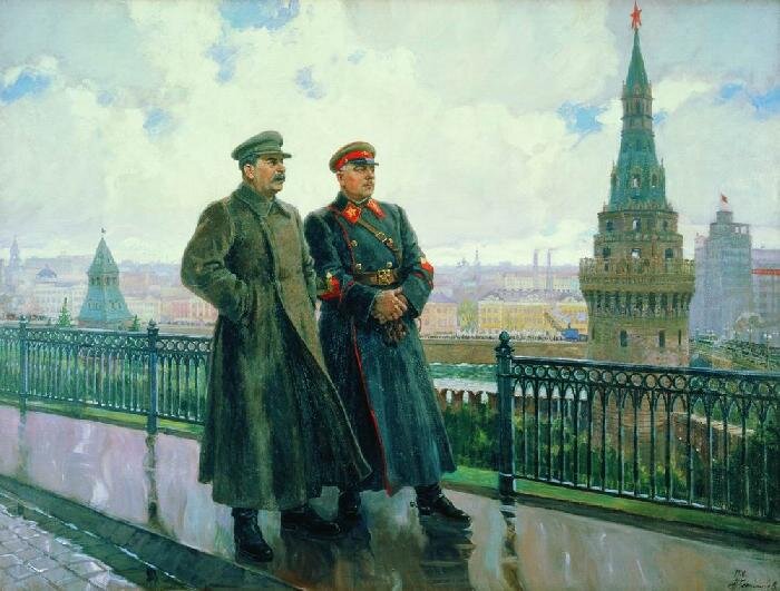 Картина Герасимова "Сталин и Ворошилов в Кремле. Слева,  в новенькой маршалской одежде - Ворошилов, справа, в простой солдатской шинели - Сталин. 