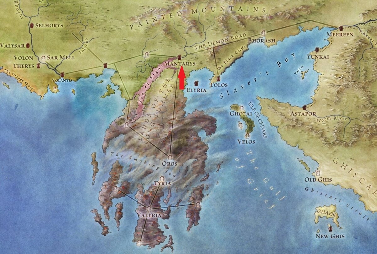 Скриншот из "Атласа Льда и Пламени", белые отметки - разрушенные города.