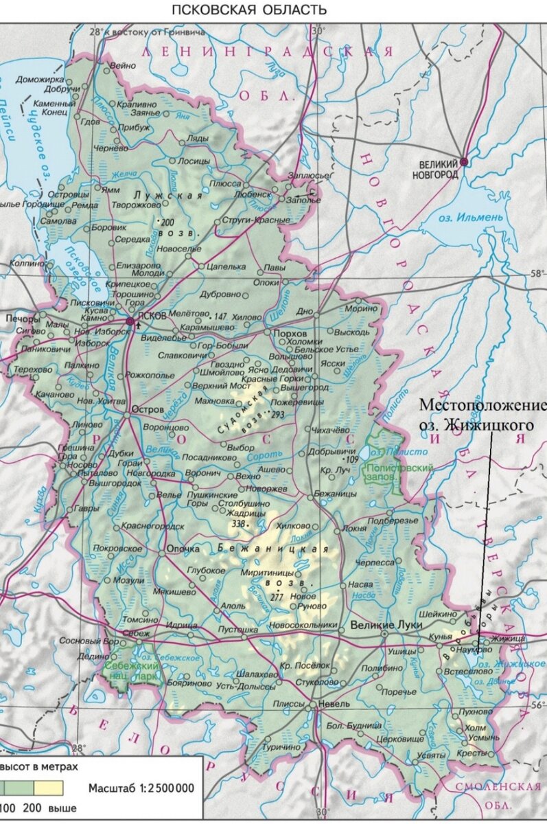 Карта Псковской области с местоположением оз. Жижицкого