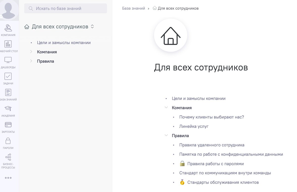 Так выглядит структура Базы знаний в нашей компании