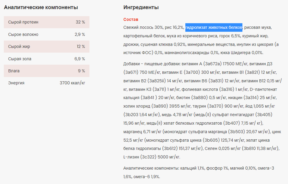 Состав корма Almo Natural HFC для взрослых стерилизованных кошек с лососем