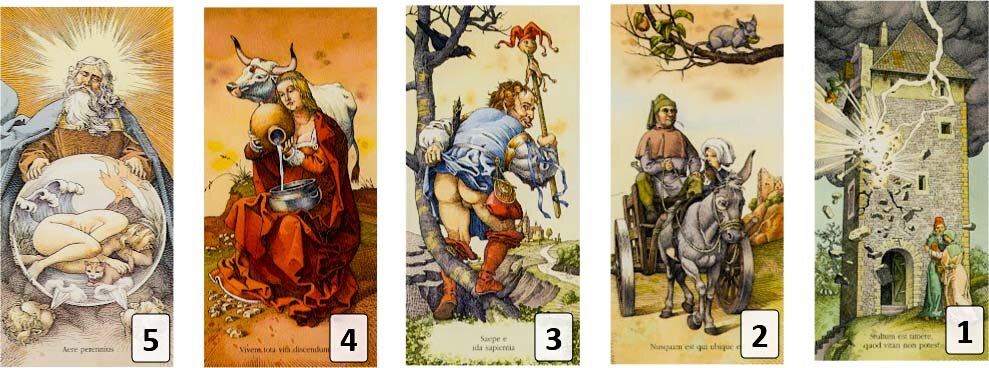 Пример проработки расклада После того, как Вопрошающий назвал пять чисел, результат этих действий получился таким: 1 – Башня. Вопрошающий полным ходом движется к разрушению своих надежд и планов. Скорее всего, он совершил какую-то ошибку еще в самом начале своего пути. 2 - Колесница. Вопрошающий не сможет избежать катастрофы, если станет необдуманно крушить все на своем пути. В третьей позиции вышла карта «Шут». Необдуманность, глупость и, как уже говорилось, импульсивность, послужили причиной создавшейся ситуации. 4 – Умеренность. Что Вопрошающему надо сделать? Прежде всего, успокоиться. В спешке и толкотне не придёт мудрость. 5 - Мир – если Вопрошающий не будет растрачивать впустую свои силы, займет выжидательную позицию, соберется с мыслями, обретет внутреннюю гармонию, то его ожидает успешное разрешение данного вопроса.