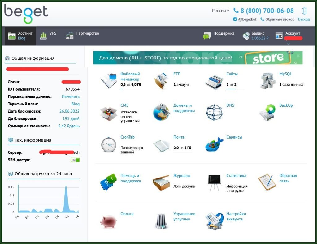 Внешний вид  панели управления хостинга Beget  📷

