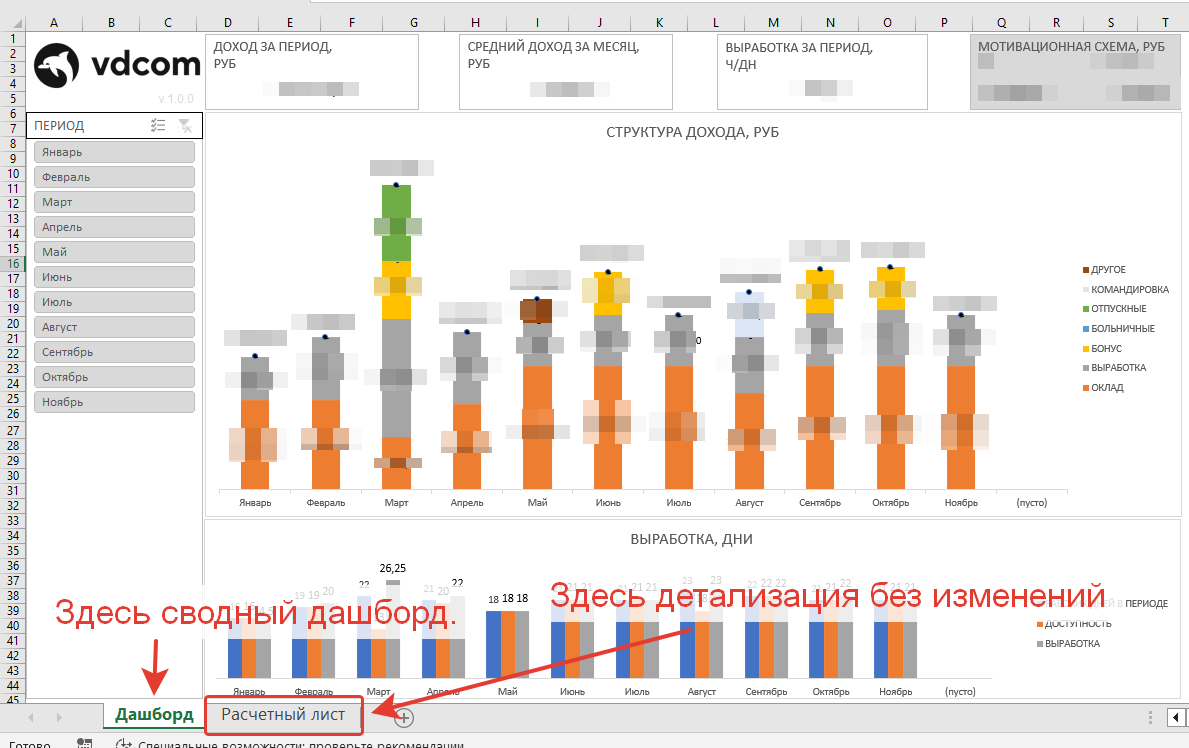 Это Excel-файл, который будет приходить на рабочую почту сотрудника. В дашборде можно поиграться с динамическими фильтрами, посмотреть детали. На "расчётном" листе — сырые данные — расчётка от бухгалтерии как она есть 
