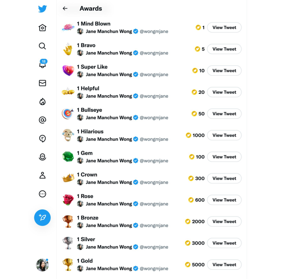 Скриншот награды Twitter. Предоставлено Джейн Манчун Вонг
