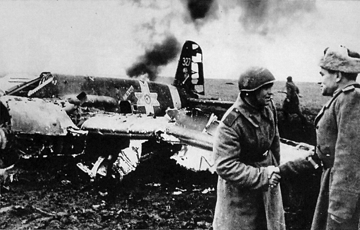 Советские военнослужащие у сбитого штурмовика Hs. 129. Источник: https://waralbum.ru/