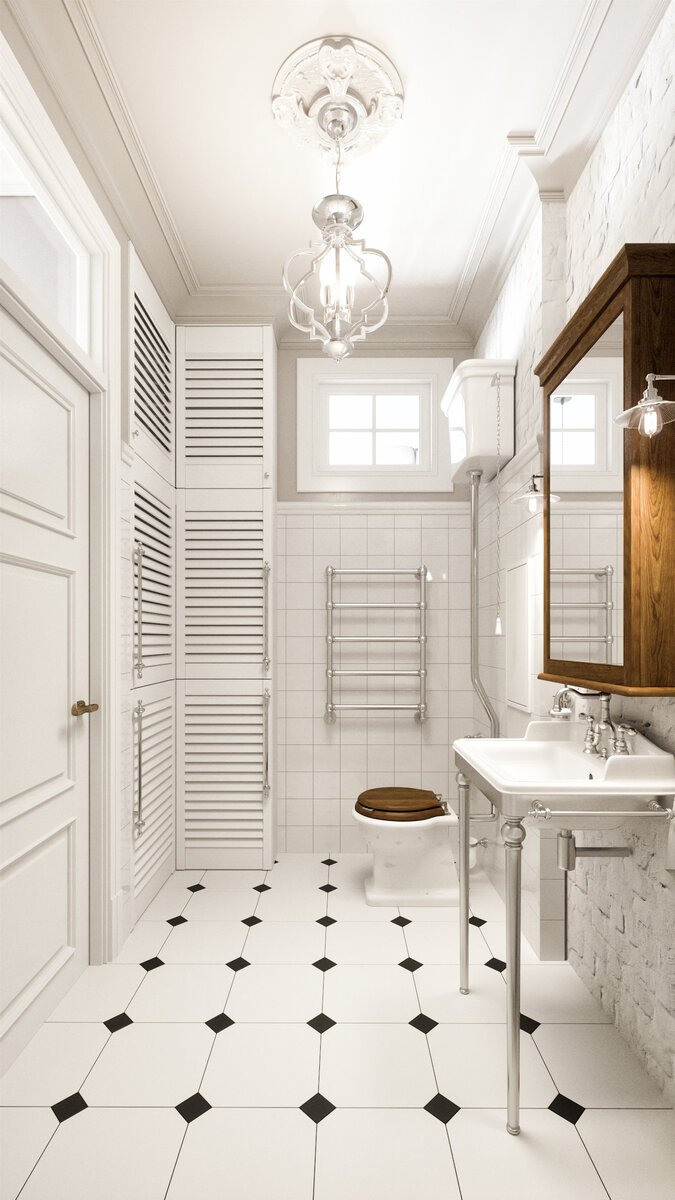 Тут и окно и подвесной бачок для унитаза, стиральная машинка спрятана за дверями с жалюзи.