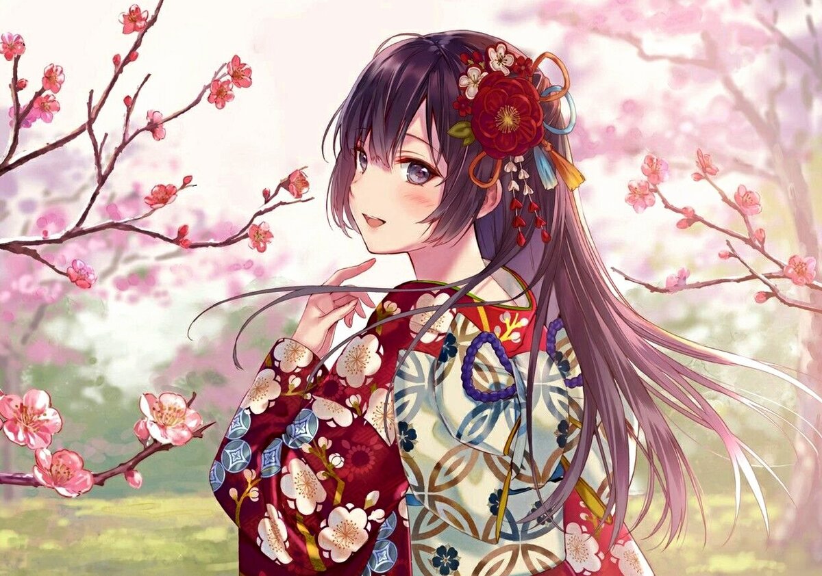 Аниме девушки Весна в кимоно