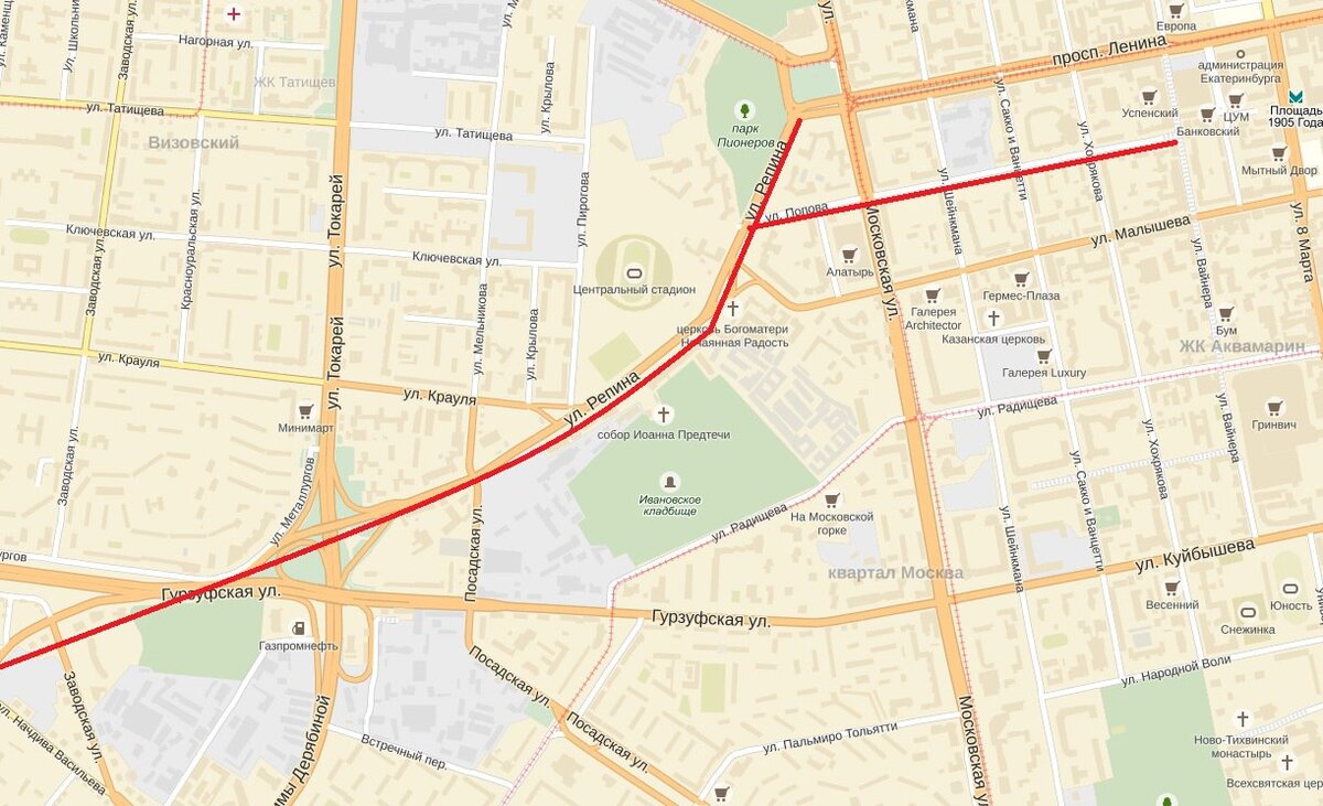 Репина - Попова (Екатеринбург) © Яндекс