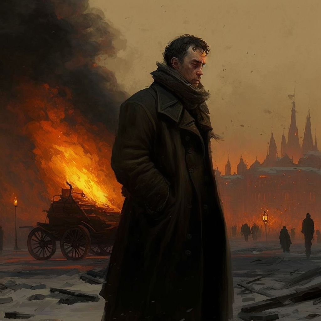 Пьер Безухов сталкивается с ужасами войны, видя разрушения и смерть, причиненные французской армией.
