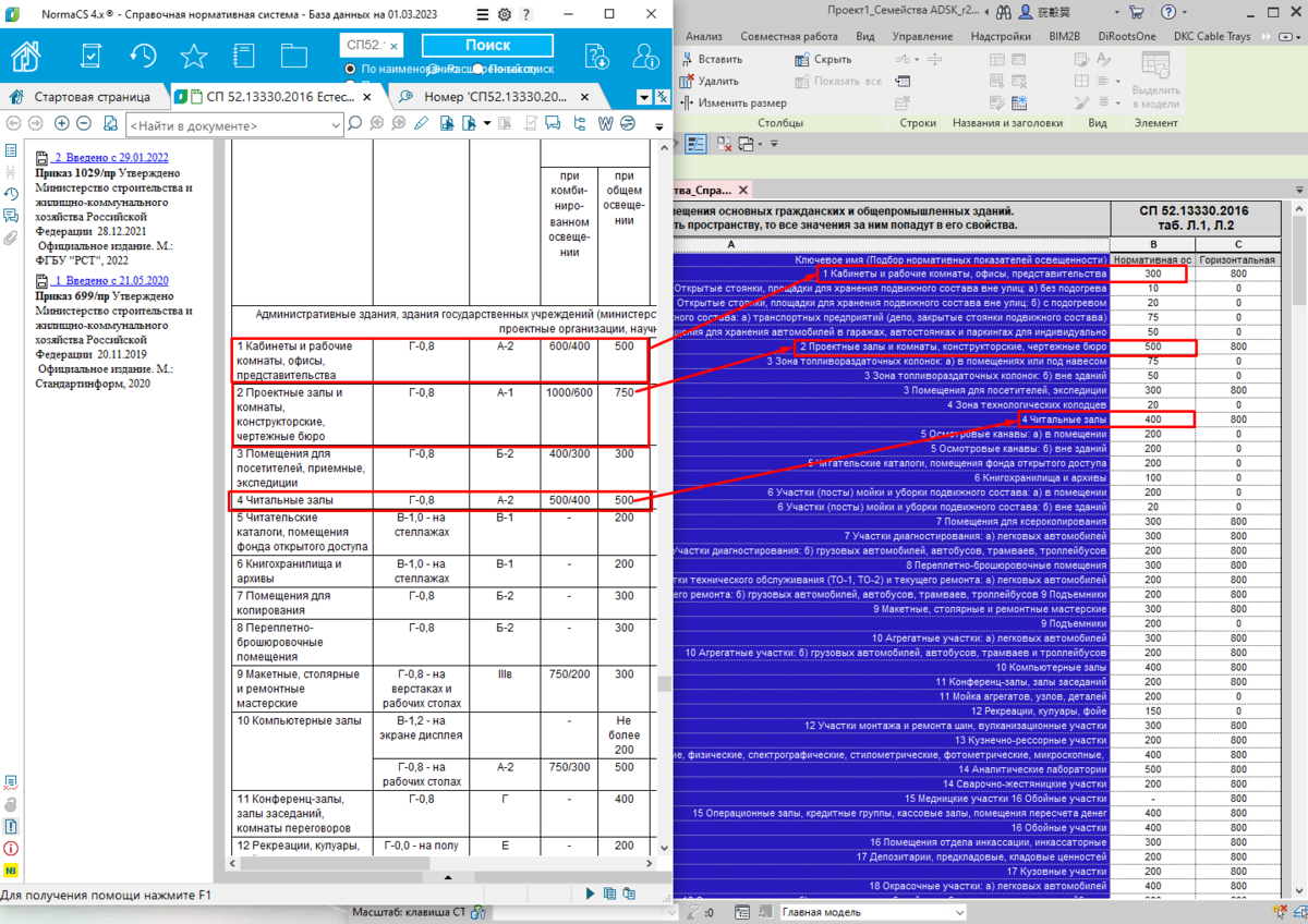 Рис. 1 Слева нормы освещенности, справа ключевая спецификация ADSK. Значения не бьются