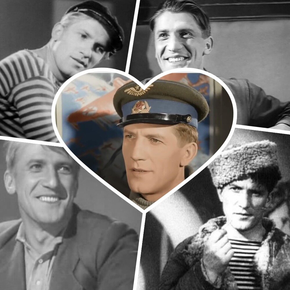 Николай Крючков в фильмах «У самого синего моря» (1935), «Трактористы» (1939), «Небесный тихоход» (1945), «Ночь в сентябре» (1939) и «Человек с ружьём» (1938)
