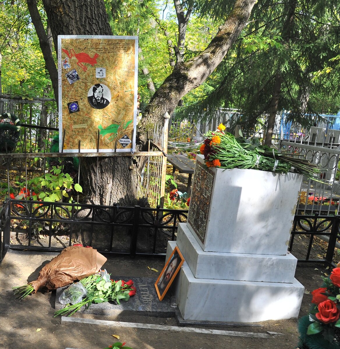 Рядом с могилой на дереве висит доска, на которой поклонники могут оставить записки и надписи, а на могиле всегда есть свежие цветы.