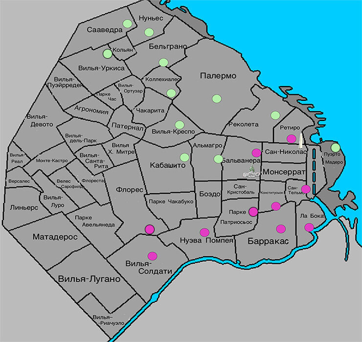 Карта районов Буэнос-Айреса: красными кружочками помечены неблагополучные районы (к югу от центра), зелеными – благополучные (к северу от центра)