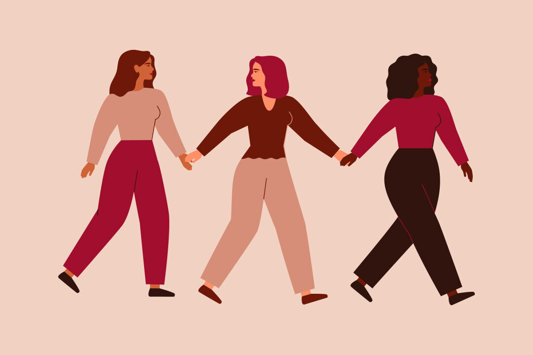Нас три женщины и мы. Три женщины идут. Тряска вектор. Female walk hands. Try on illustration.