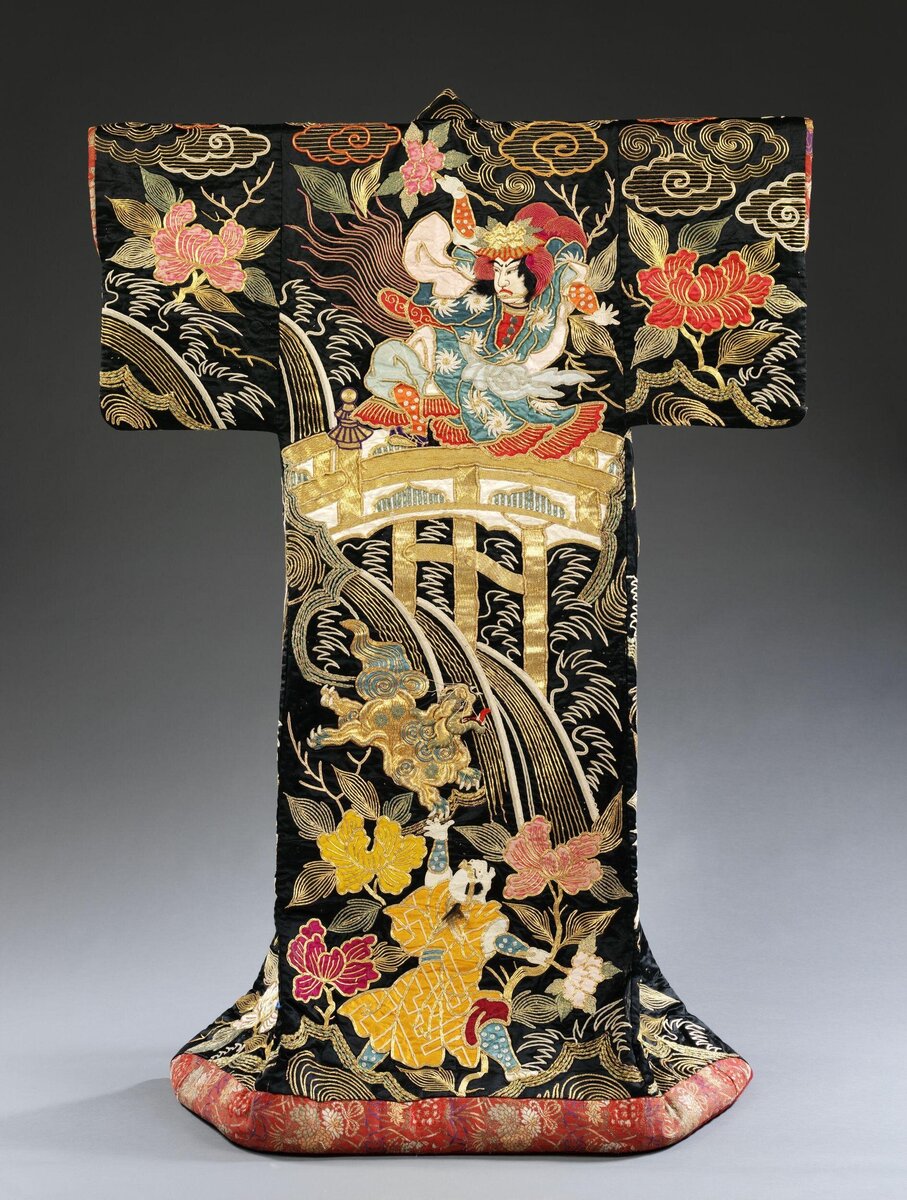 Kimono with motifs relating to Kabuki theatre. Japan. 1860-1880. Victoria and Albert Museum