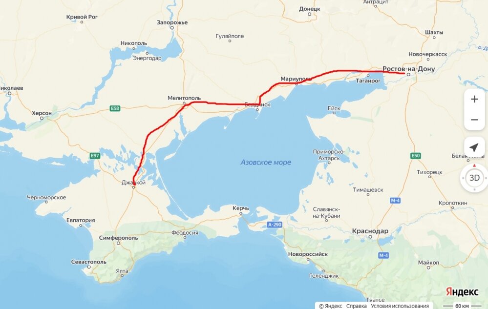    Проект строительства дороги Ростов-на-Дону — Мариуполь — Джанкой («дублер» Крымского моста) Фото: Яндекс карты.