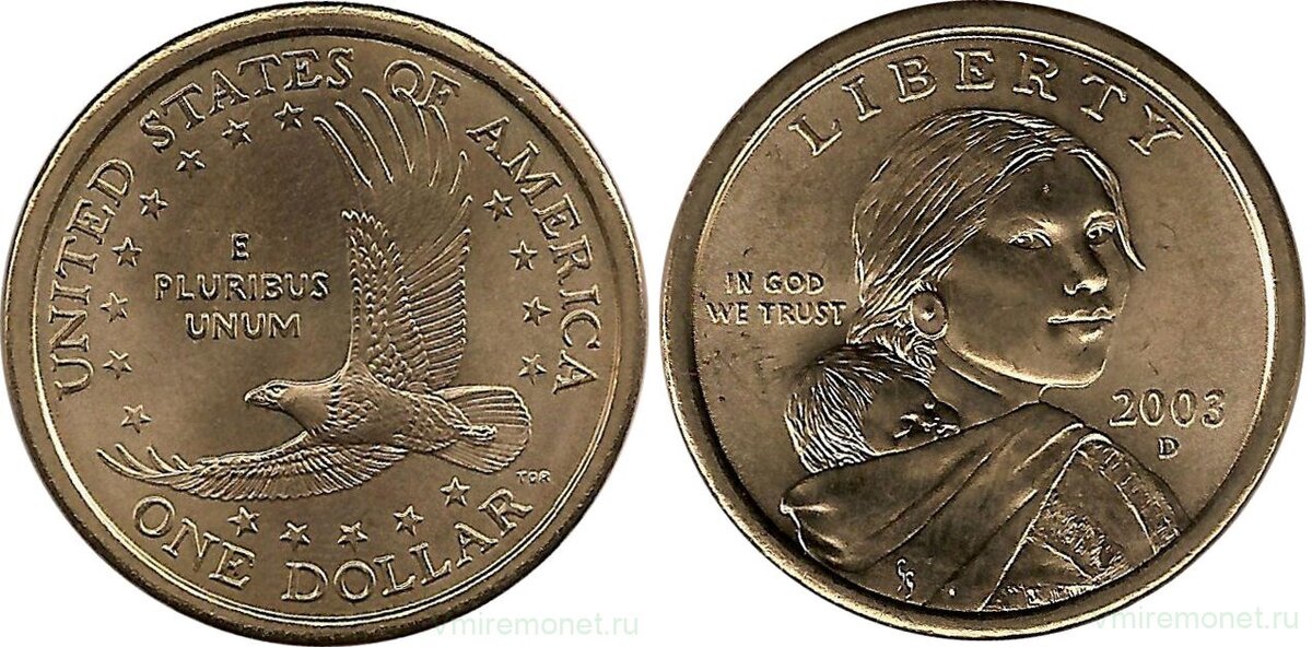 Сакагавея, парящий орел. 1 доллар 2000, США. Медь с марганцево-латунным покрытием, вес 8.07 г, диаметр 26.5 мм