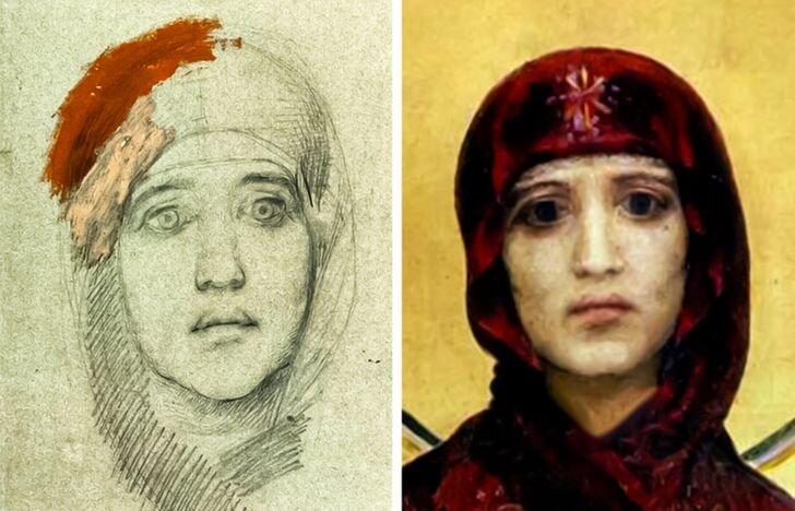 Эмилия Прахова, слева портрет, справа картина "Богоматерь", кисти Врубеля.