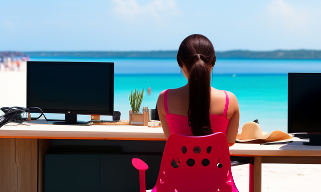 Картинка сгенерирована нейросетью Dezgo по запросу "Create a woman of European appearance who works at a computer on the beach. View from the back".