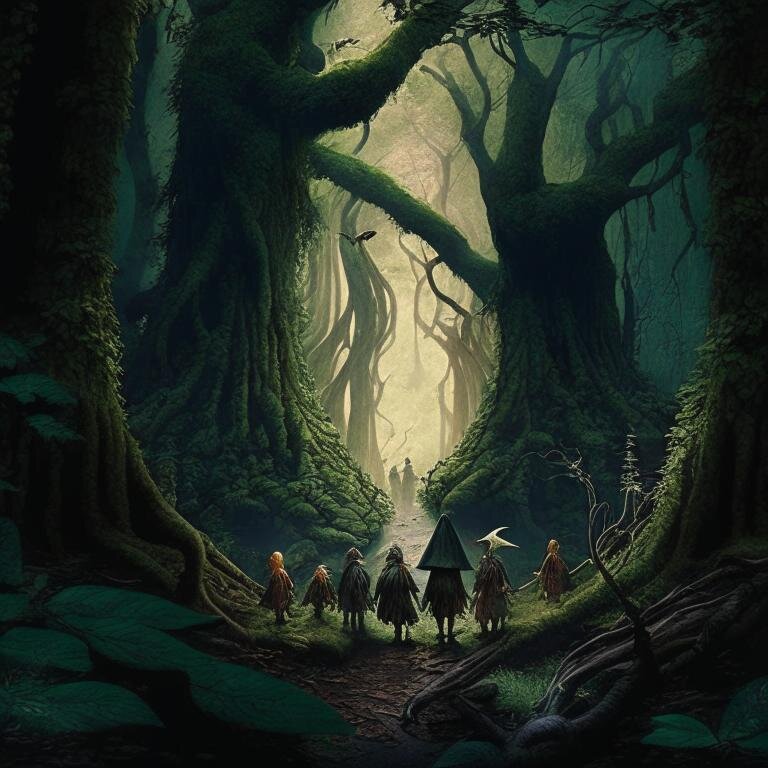     «Лес с эльфами и хоббитами», стиль: 4k