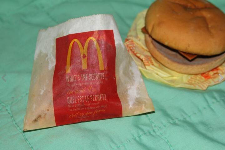 Те самые чизбургер и картошка. Источник: https://globalnews.ca/news/4317191/ontario-man-puts-6-year-old-mcdonalds-cheeseburger-and-fries-for-sale-on-ebay/