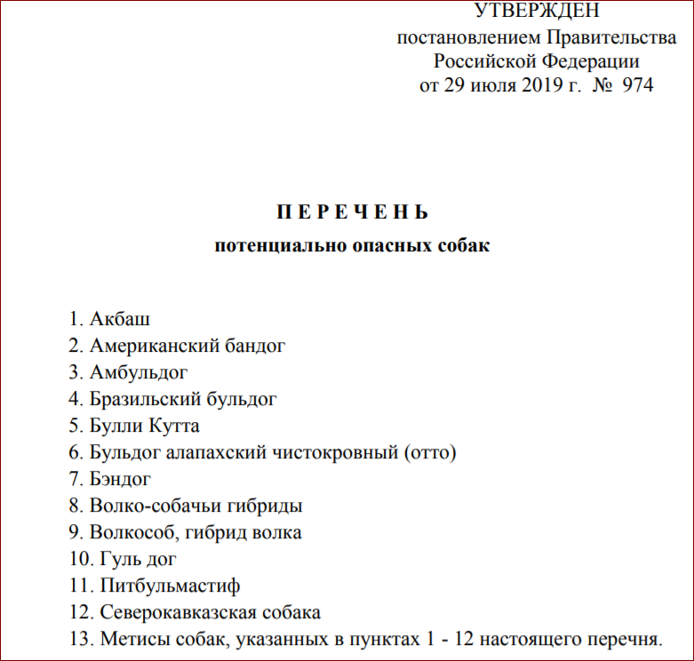 Перечень потенциально опасных собак 2024 утвержденный правительством