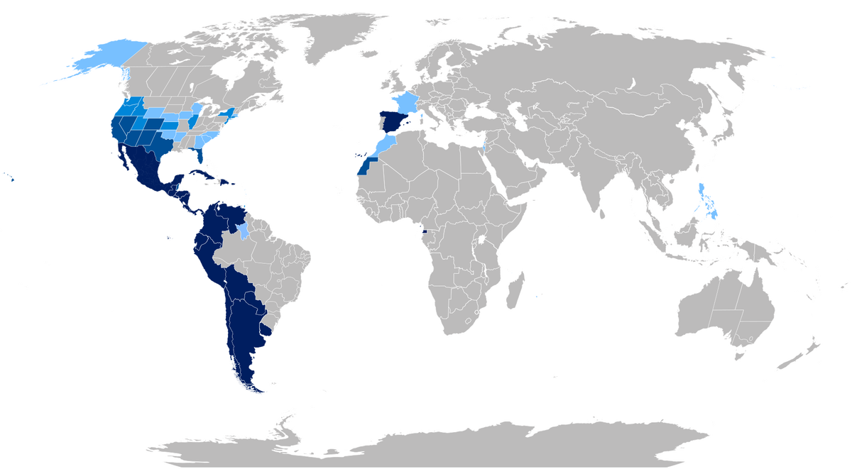 Страны, в которых говорят по-испански. Темно-синим - официальный язык